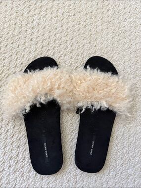 Zara Black Slides with Cream Faux Shearling Strap